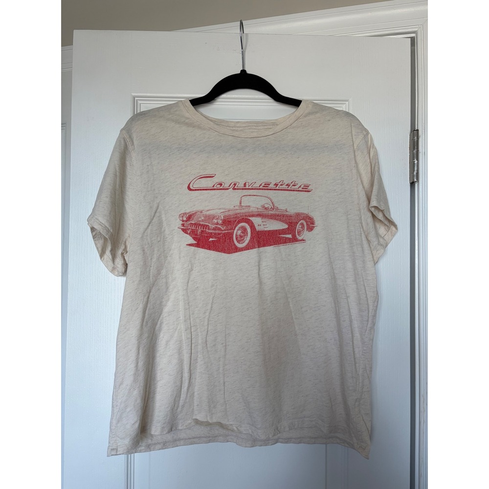 Aerie Corvette Graphic Tee Cream Red Vintage Style Short Sleeve XL